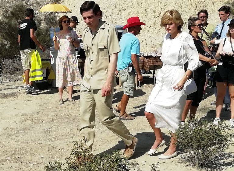 Josh O’Connor as Prince Charles and Emma Corrin as Princess Diana during the filming of The Crown S4.