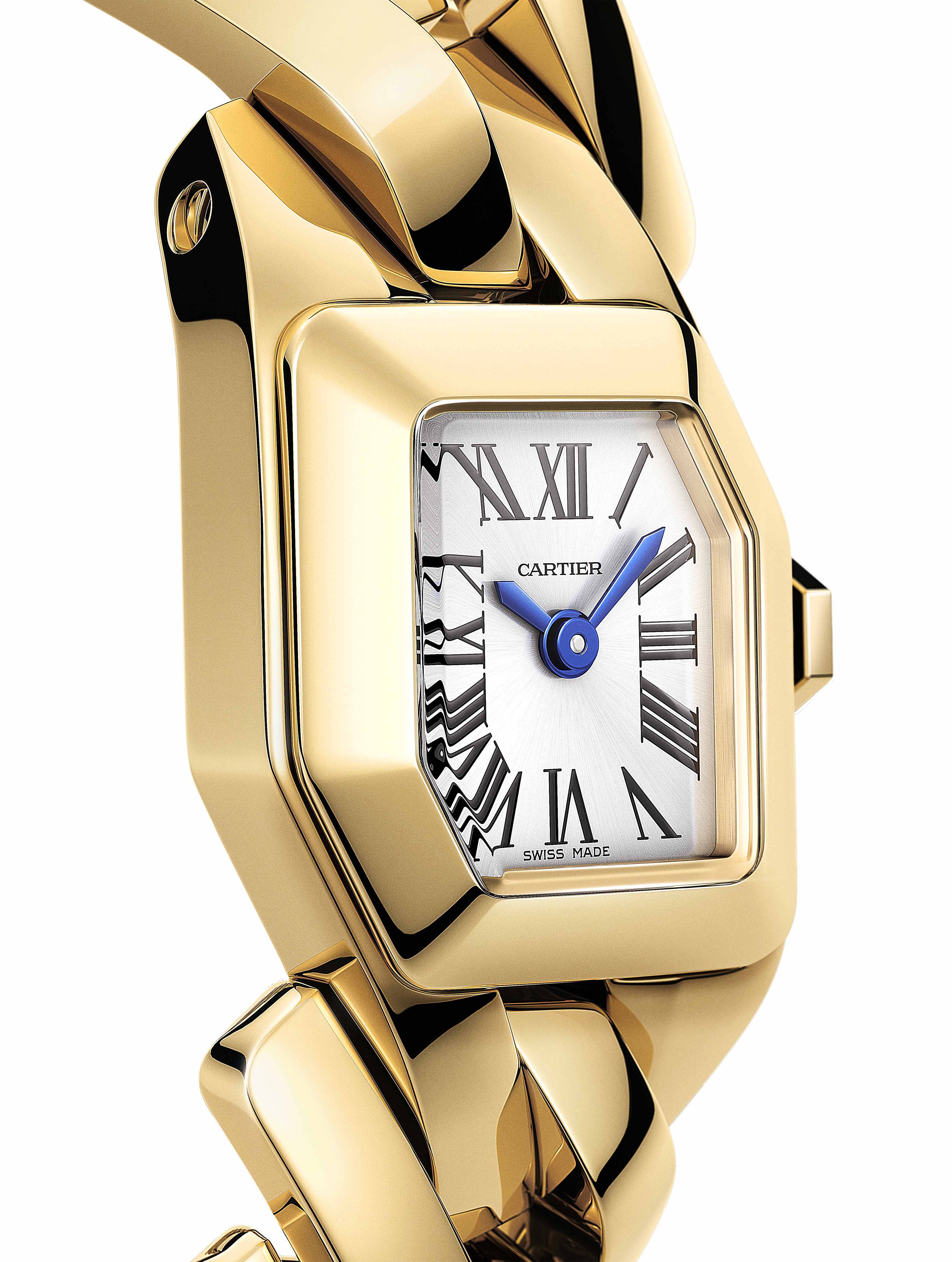 Maillon de Cartier的腕錶注入幾何美學﹐以長方形鍊節、六角形錶盤和斜面錶耳組成。