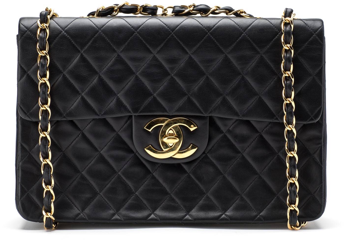 Chanel Vintage Classic Single Flap Quilted Lambskin Gold-tone Maxi Black