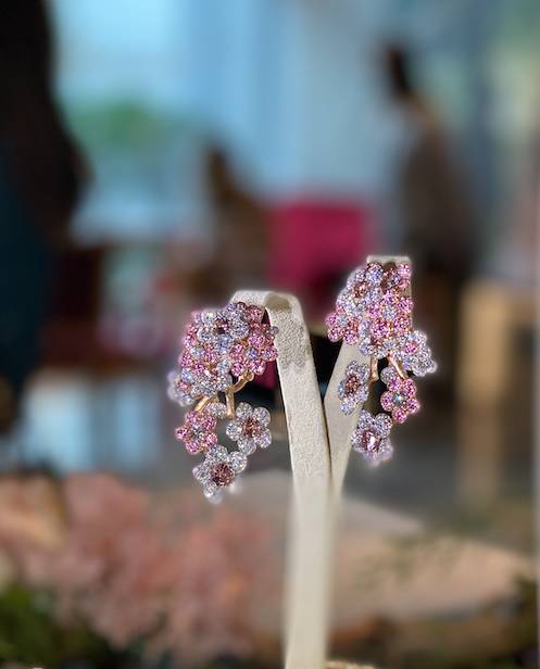 18K white gold earrings , rose gold and titanium earrings, with pink sapphires, garnets and diamonds.