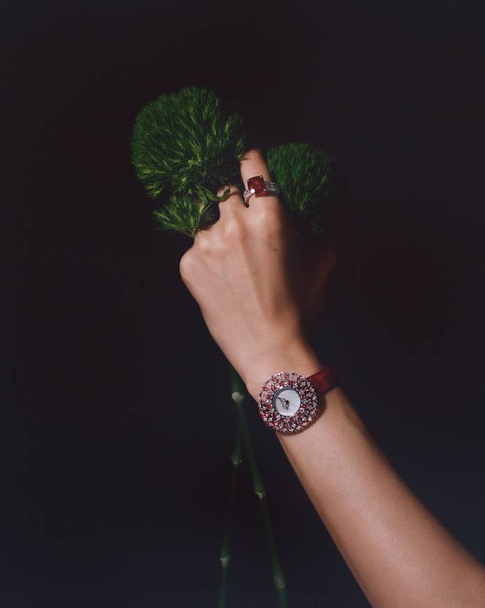 High Jewellery collection ring in 18K white gold, cushion-shaped ruby and diamonds / L'Heure du Diamant collection watch in 18K white gold, round-shaped rubies and diamonds
