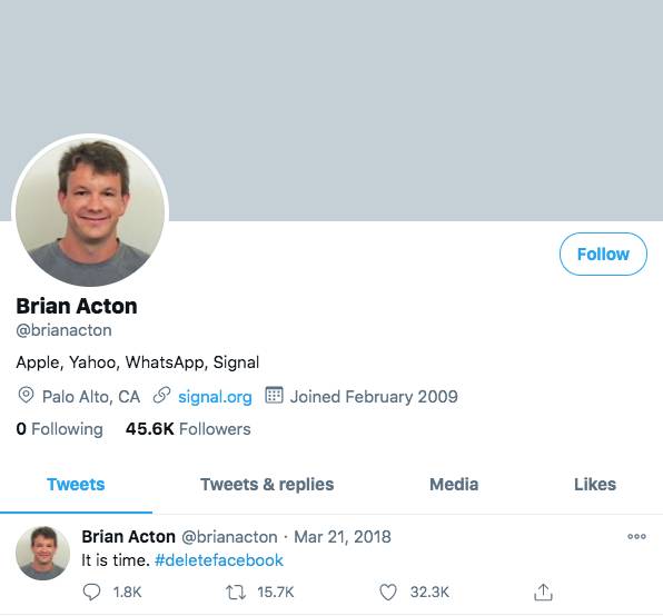 WhatsApp元祖創辦人Brian Acton在twitter支持Signal （圖片來源：Twitter @brianacton）