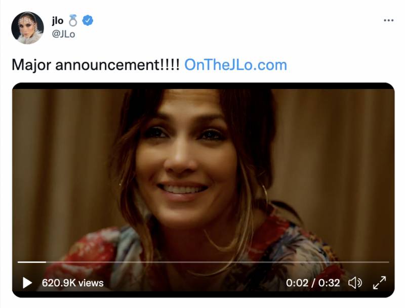 Jennifer Lopez在Twitter宣佈婚訊，更在名字中加上鑽戒符號（圖片來源：Twitter@@JLo）