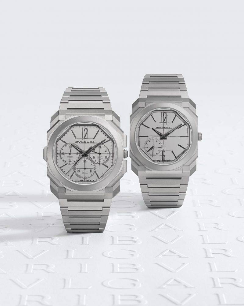 Octo Finissimo超薄自動腕錶十週年紀念版（右）及Octo Finissimo Chronograph GMT Automatic超薄兩地時區計時腕錶十週年紀念版。（左）（圖片來源：BVLGARI）