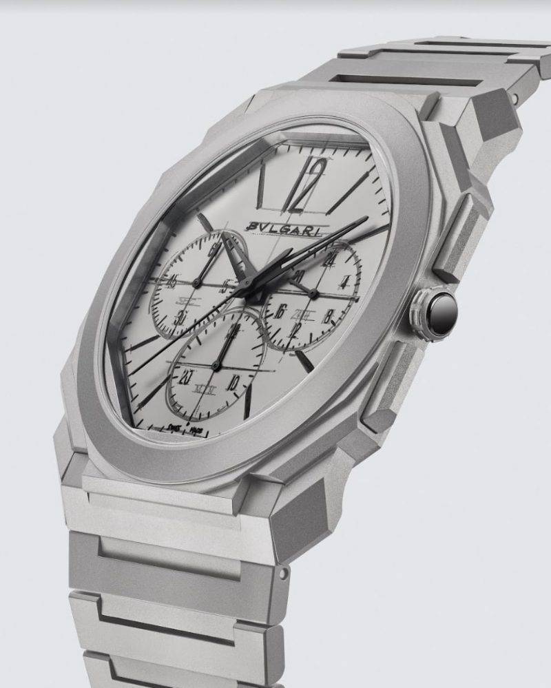 Octo Finissimo Chronograph GMT Automatic超薄兩地時區計時腕錶十週年紀念版，超薄自動上鍊機械機芯BVL 318的厚度只有3.30mm，具環形自動盤裝置、計時與GMT功能。 （圖片來源：BVLGARI）