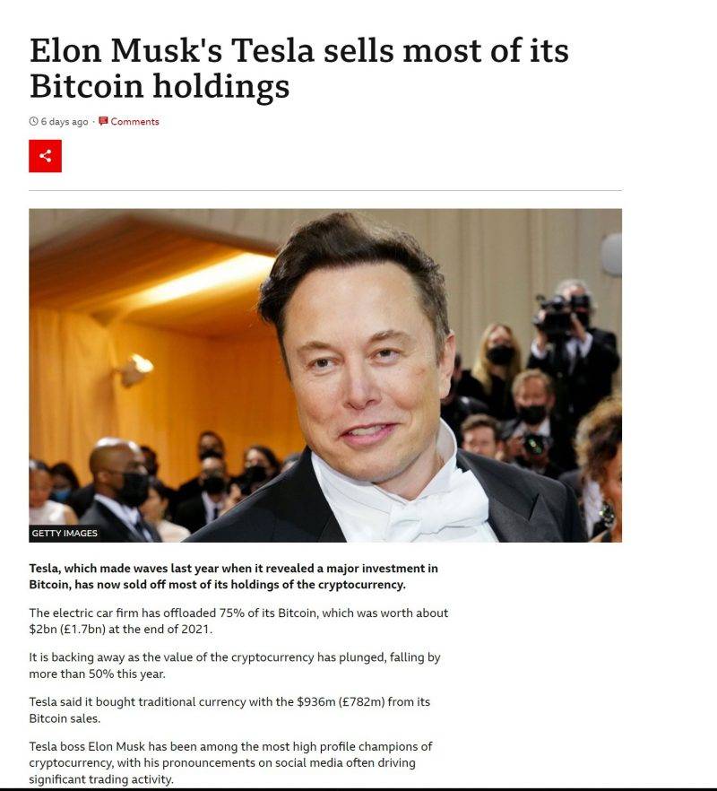 Tesla賣掉手上75%比特幣，上了各大報章頭條。（圖片來源：BBC News）