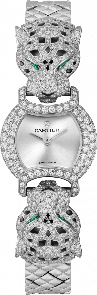 Panthère de Cartier美洲豹腕錶，鍍銠白色黃金，錶殼鑲嵌128顆鑽石，美洲豹頭鑲嵌572顆鑽石、4顆梨形切割祖母綠及黑色真漆白色黃金錶鍊。（圖片由卡地亞提供）