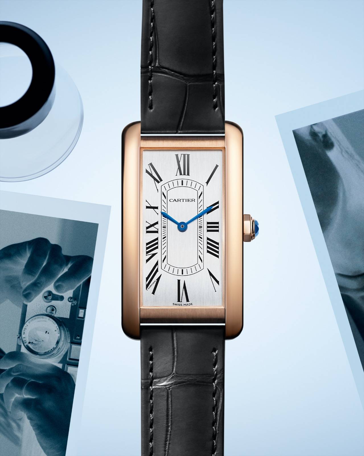 Tank Américaine 腕錶是 Cartier 首款具有防水功能的弧形錶殼腕錶。 （圖片來源：Cartier）